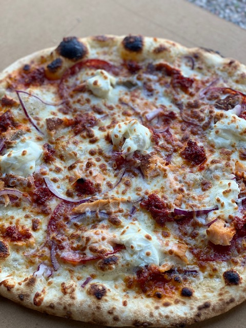 Tobermory Fish Smoked Salmon with Chorizo, red onion, cream cheese on a ranch base
